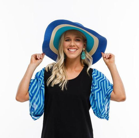 Homelee - Wide Brim Hat  - Navy & Teal Stripes