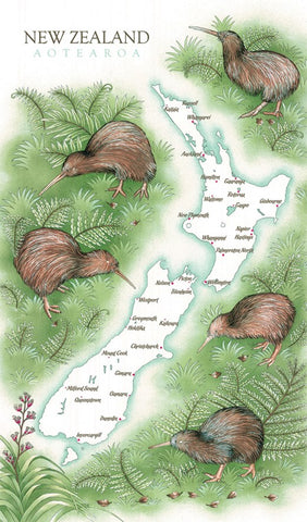 Parrs- Tea Towel Kiwis on NZ Map
