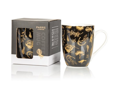 Parrs Coffee Mug -Black/Gold Birds