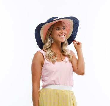 Homelee - Wide Brim Hat  - Navy & Blush Pink Stripes