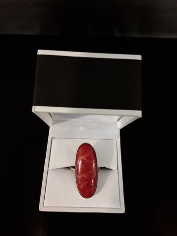 Coral Gemstone Sterling Silver Ring (Adjustable Size)